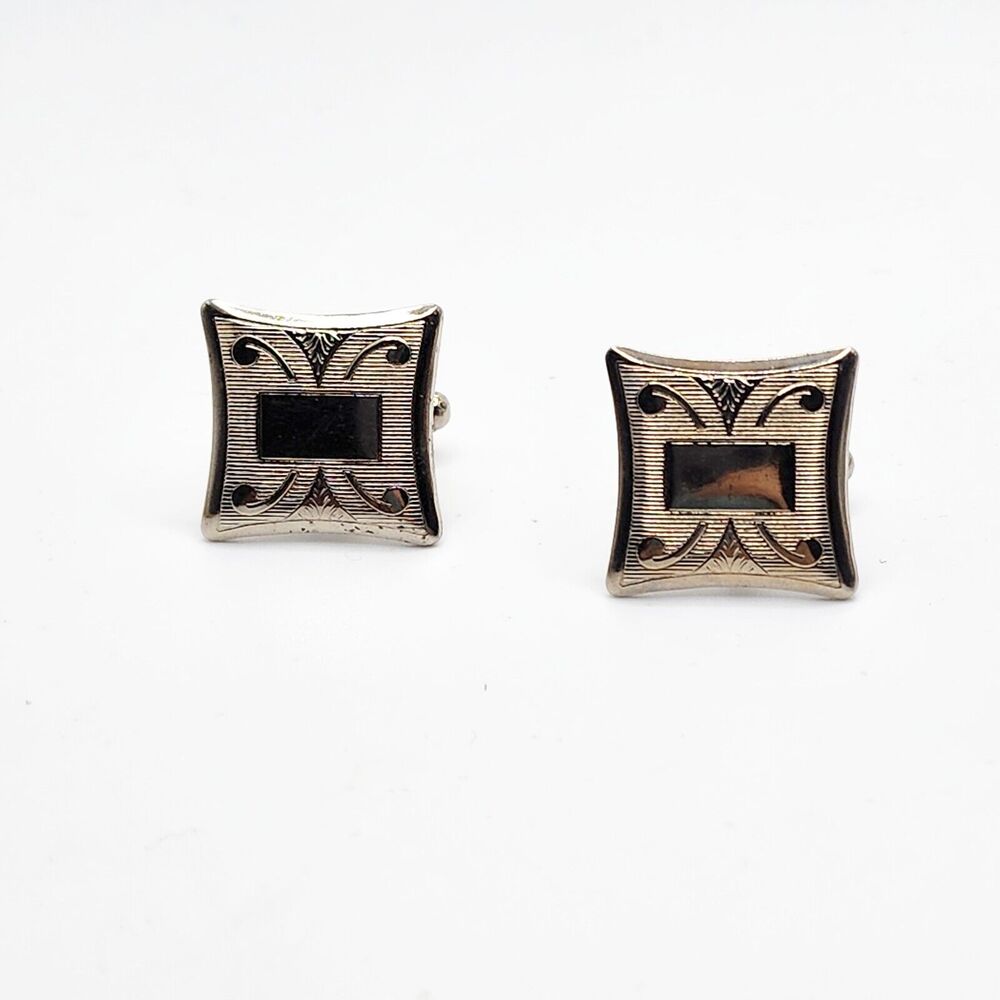 Vintage Silver Tone Floral Square Cuff Links Decorative Swirl Motif Not Engraved